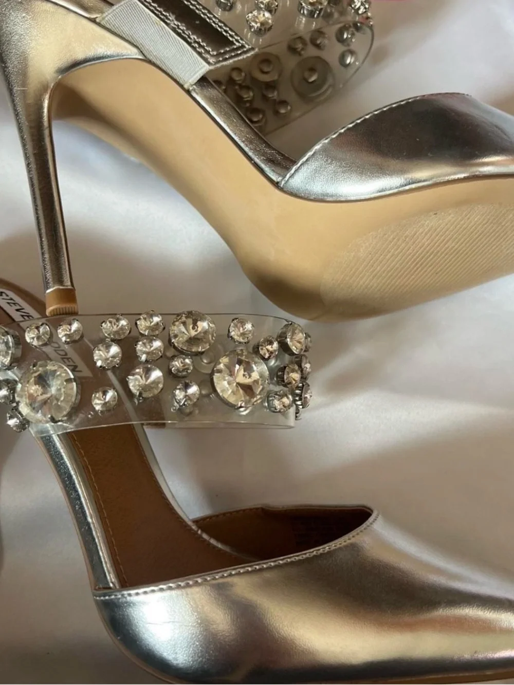Steve Madden Silver Jeweled Clear-Strap Pointed Pumps